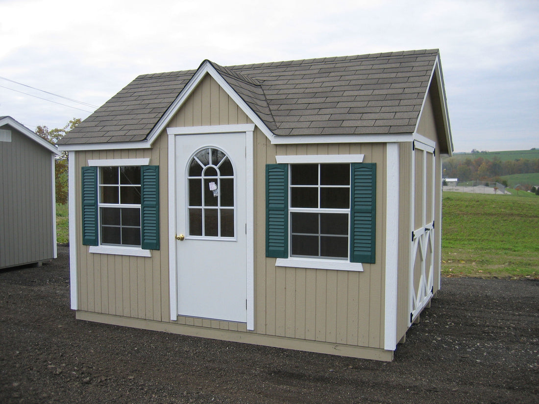 Classic Wood Cottage Shed in a real backyard setting
