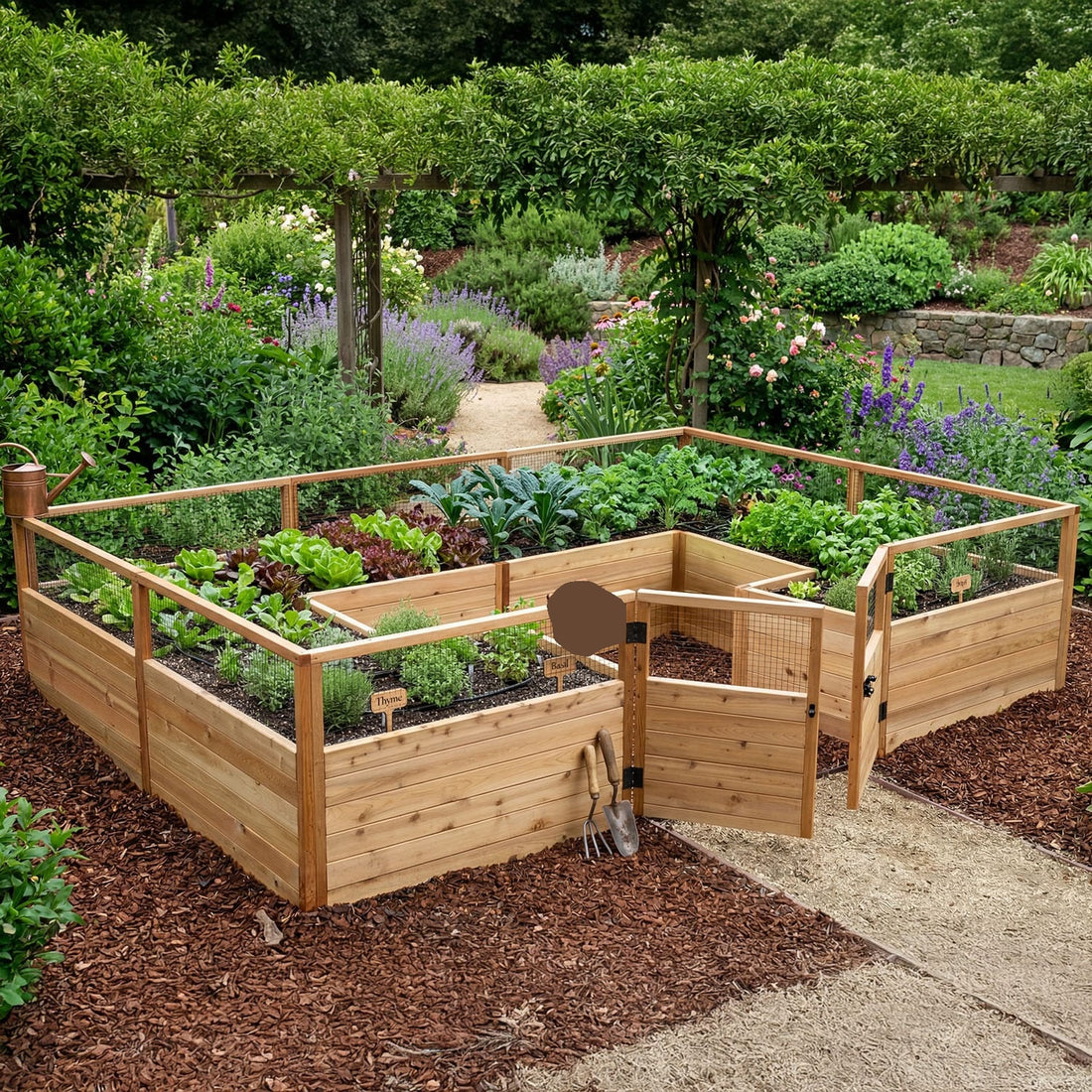 Wheelchair Accessible OLT Raised Cedar Garden Bed  - Wide Access with optional deer fence and auto watering system