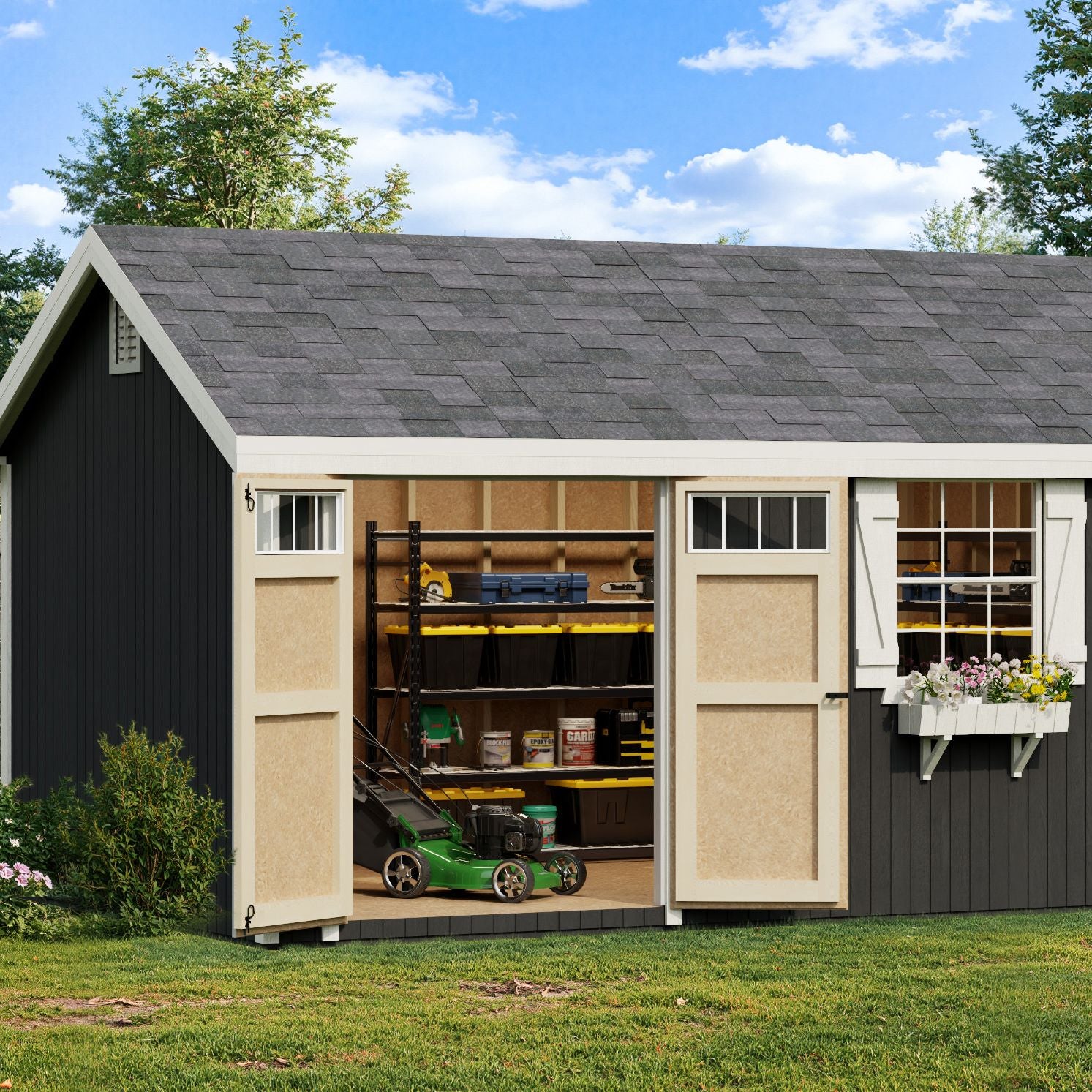 Colonial Pinehurst Storage Shed in a real backyard setting
