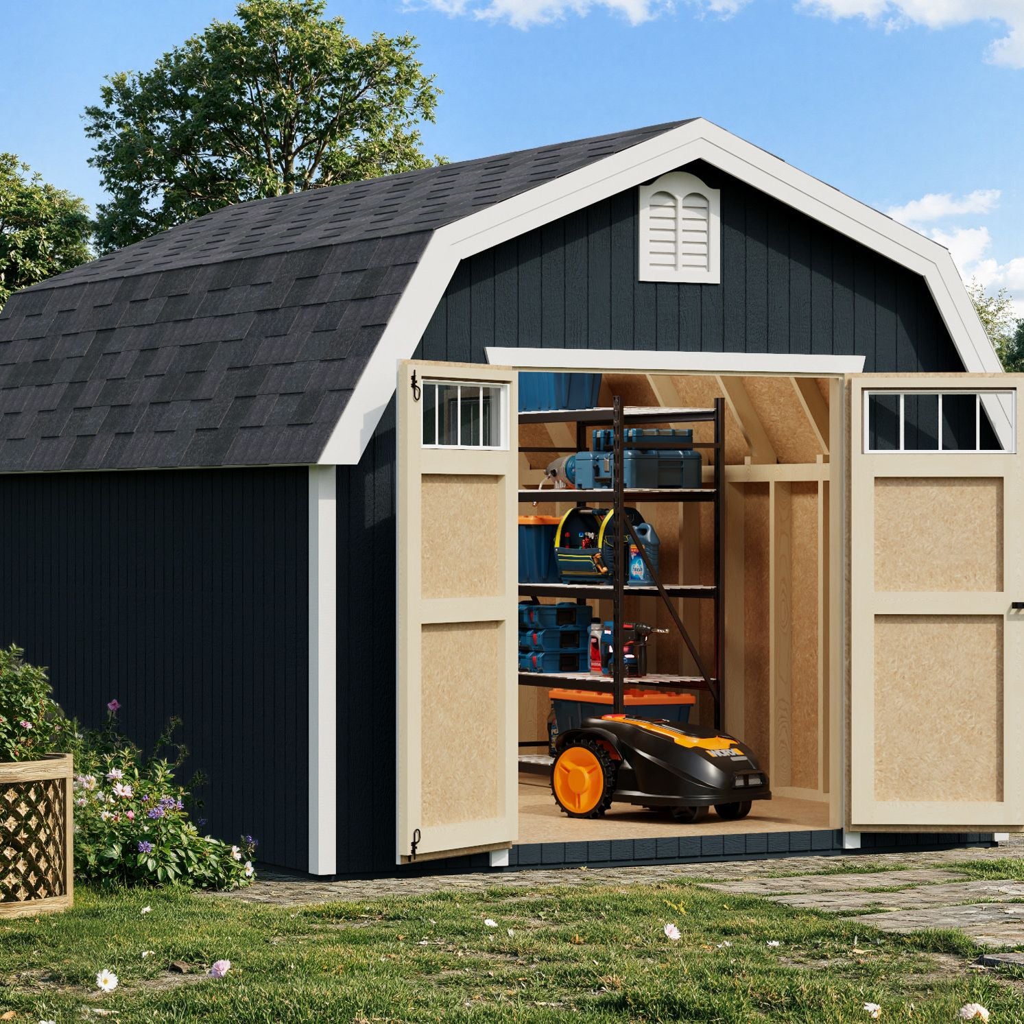 Colonial Greenfield Shed in a real backyard setting