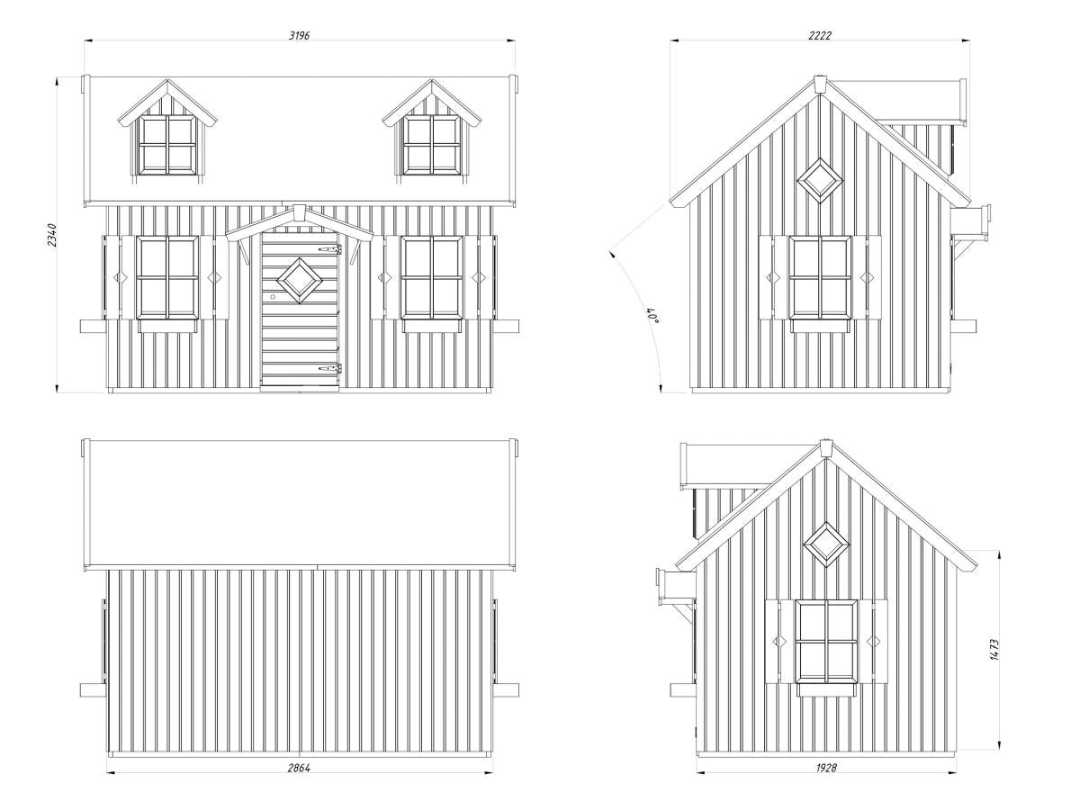 Wonderland playhouse, 4-view diagram with dimensions
