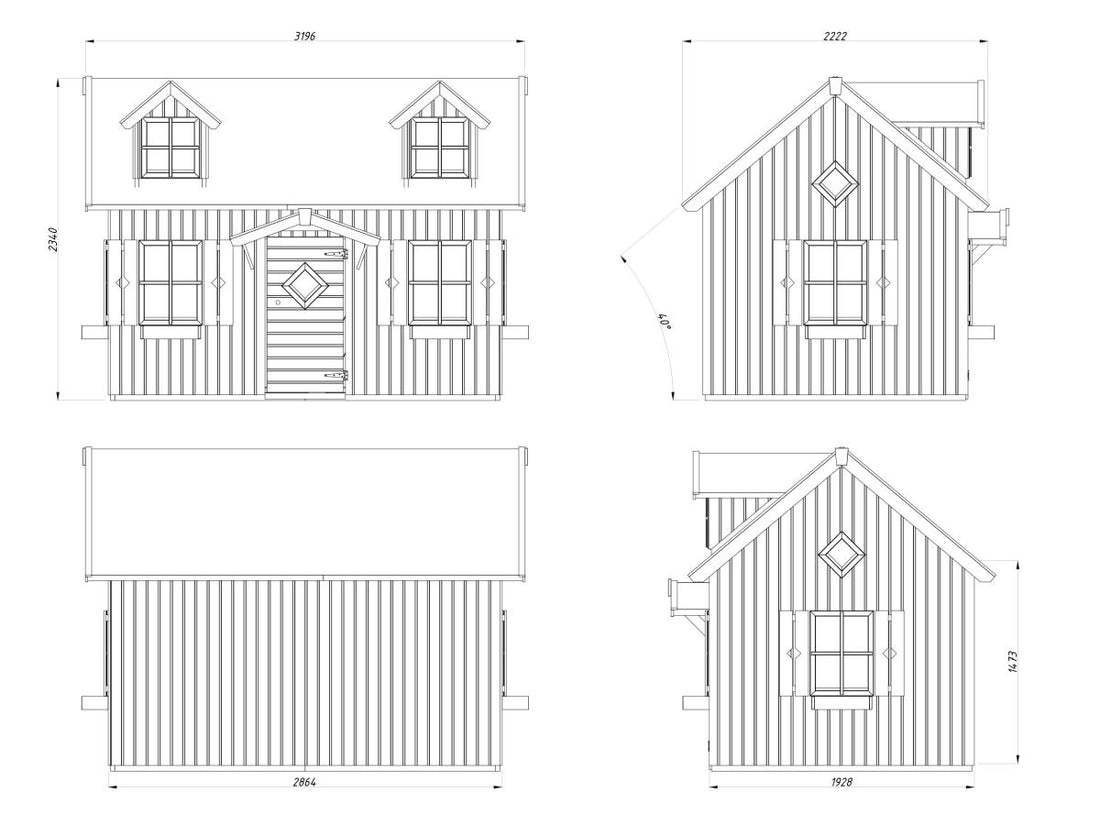 Wonderland playhouse, 4-view diagram with dimensions