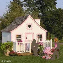 A small pink playhouse with a gray shingled roof 8*10 gingerbread playhouse painted