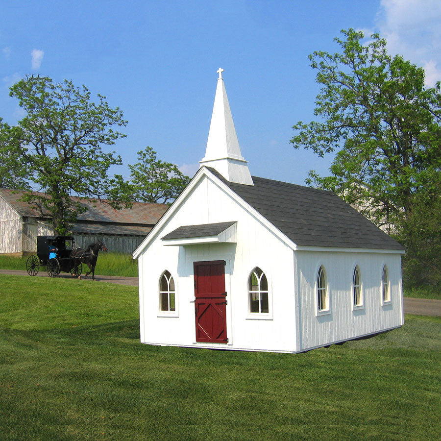 Little Cottage Chapel Playhouse in a real backyard setting