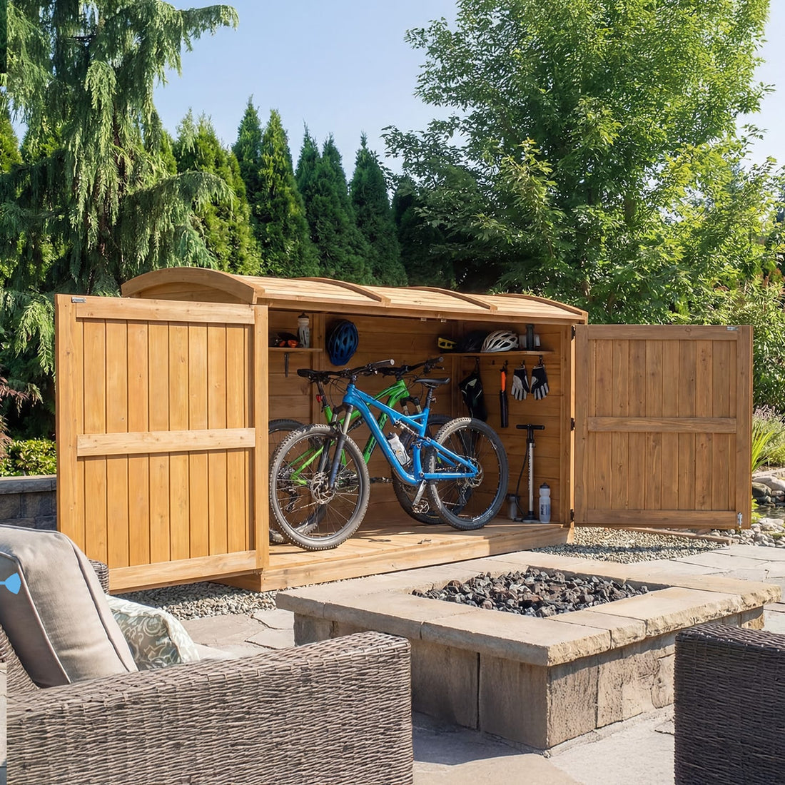 cedar bike shed with double hinged doorsopen