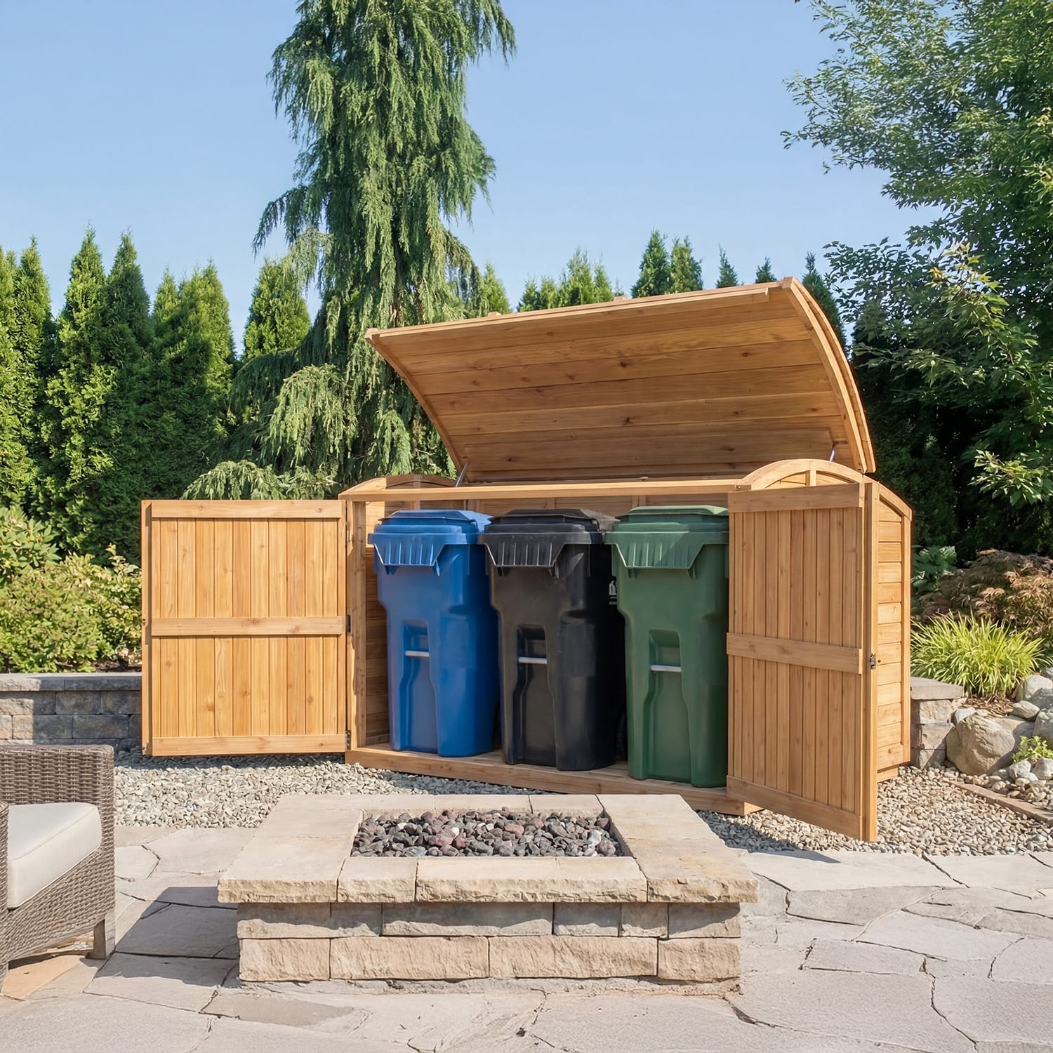 Cedar trash bin storage shed with open top and side