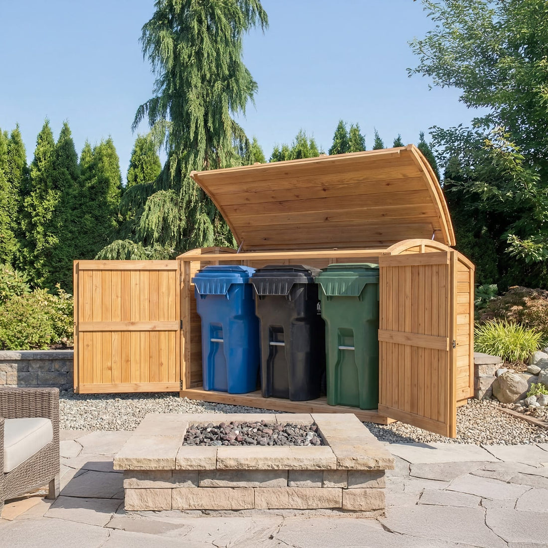 Cedar trash bin storage shed with open top and side