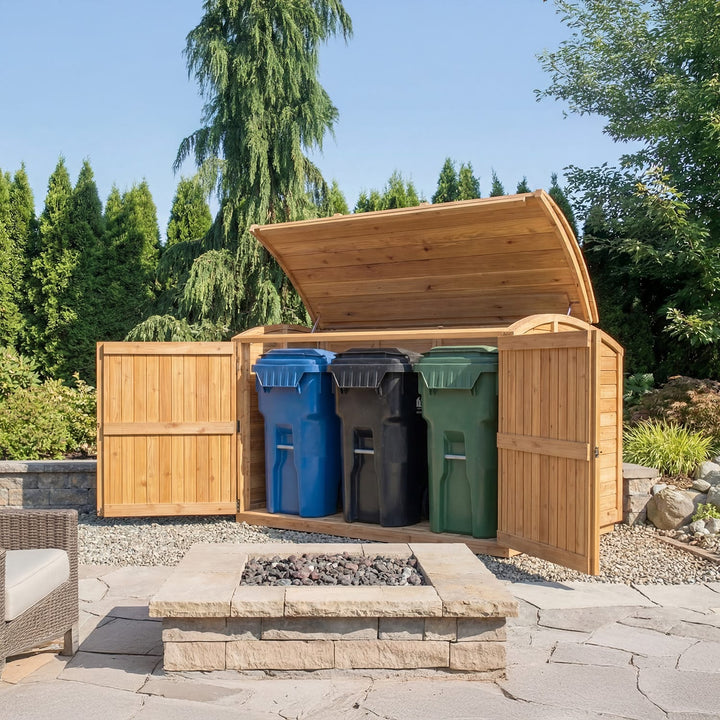 Cedar trash bin storage shed with open top and side