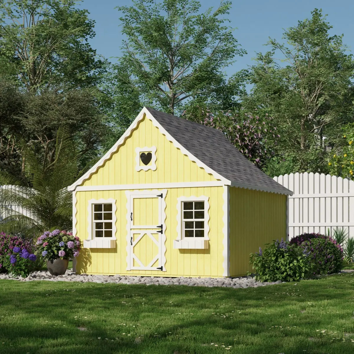 8x8 Gingerbread Cottage Playhouse in a backyard lifestyle setting