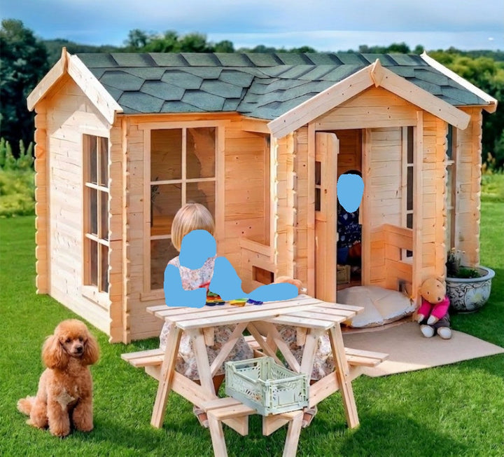 Allwood Isla playhouse set up as an indoor play space with rugs and decor