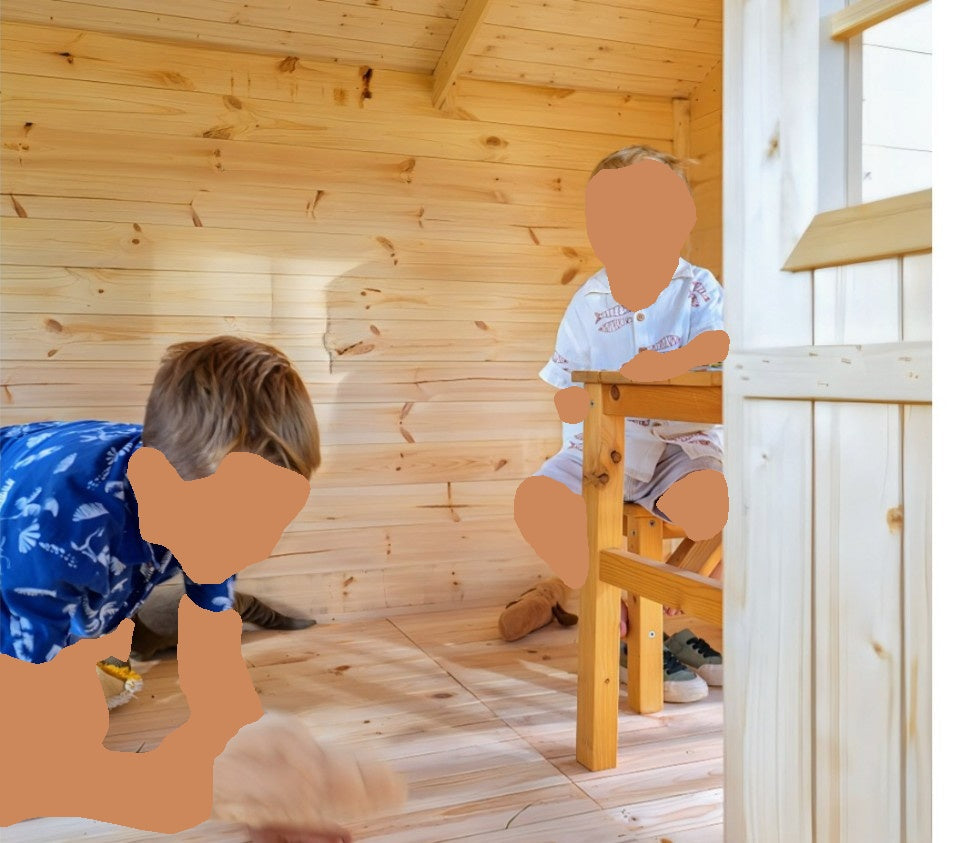 Interior view of Allwood Isla playhouse with wood paneling and children playing