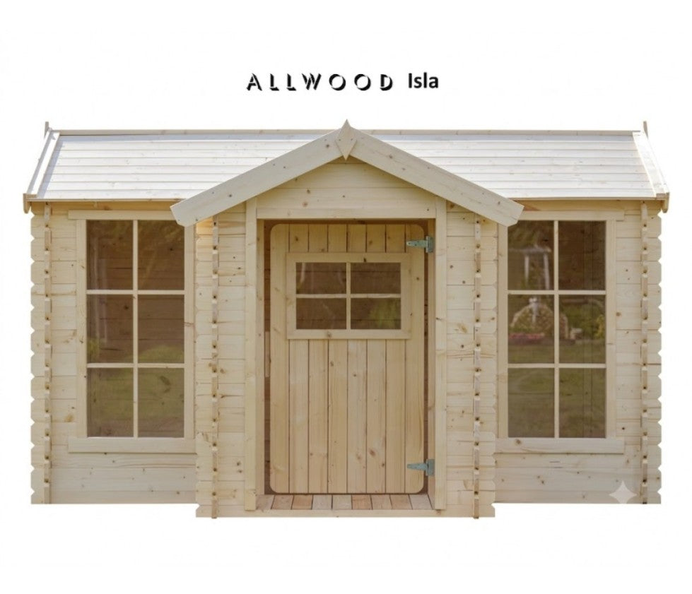 Allwood Isla playhouse front elevation showing door and windows