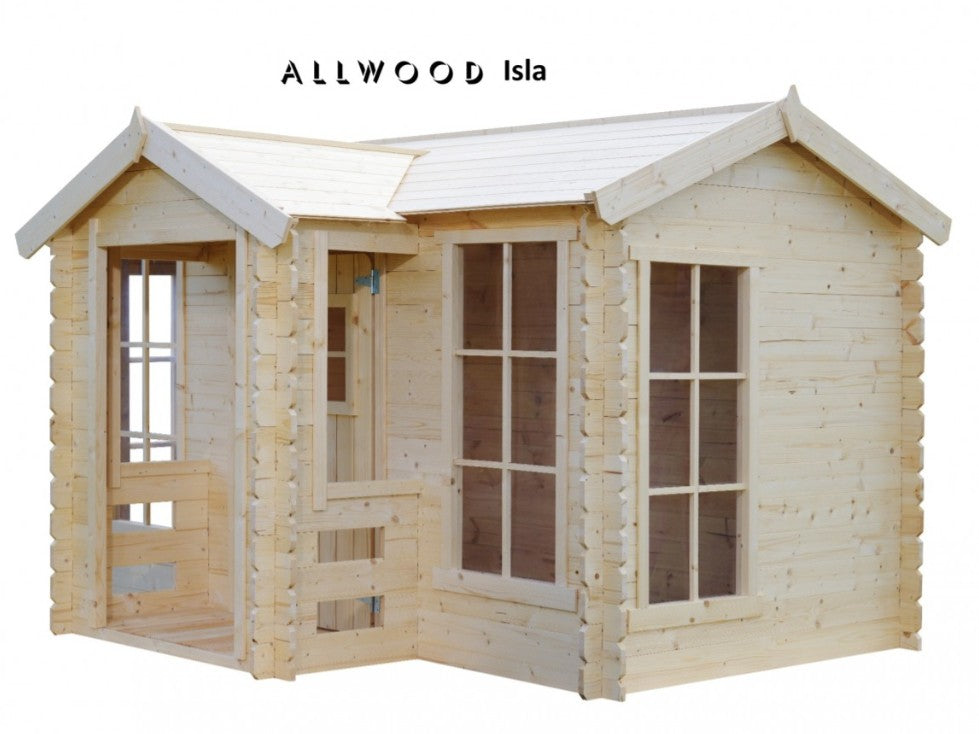 Allwood Isla playhouse southwest corner view showing window and door layout