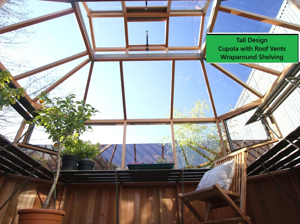 Cedar wooden octagon greenhouse cupola shelving