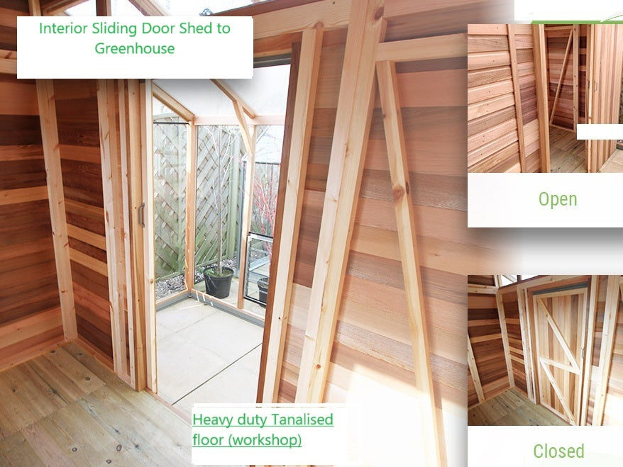 Alton Fusion Cedar Greenhouse/Shed combo, interior sliding door between shed and greenhouse