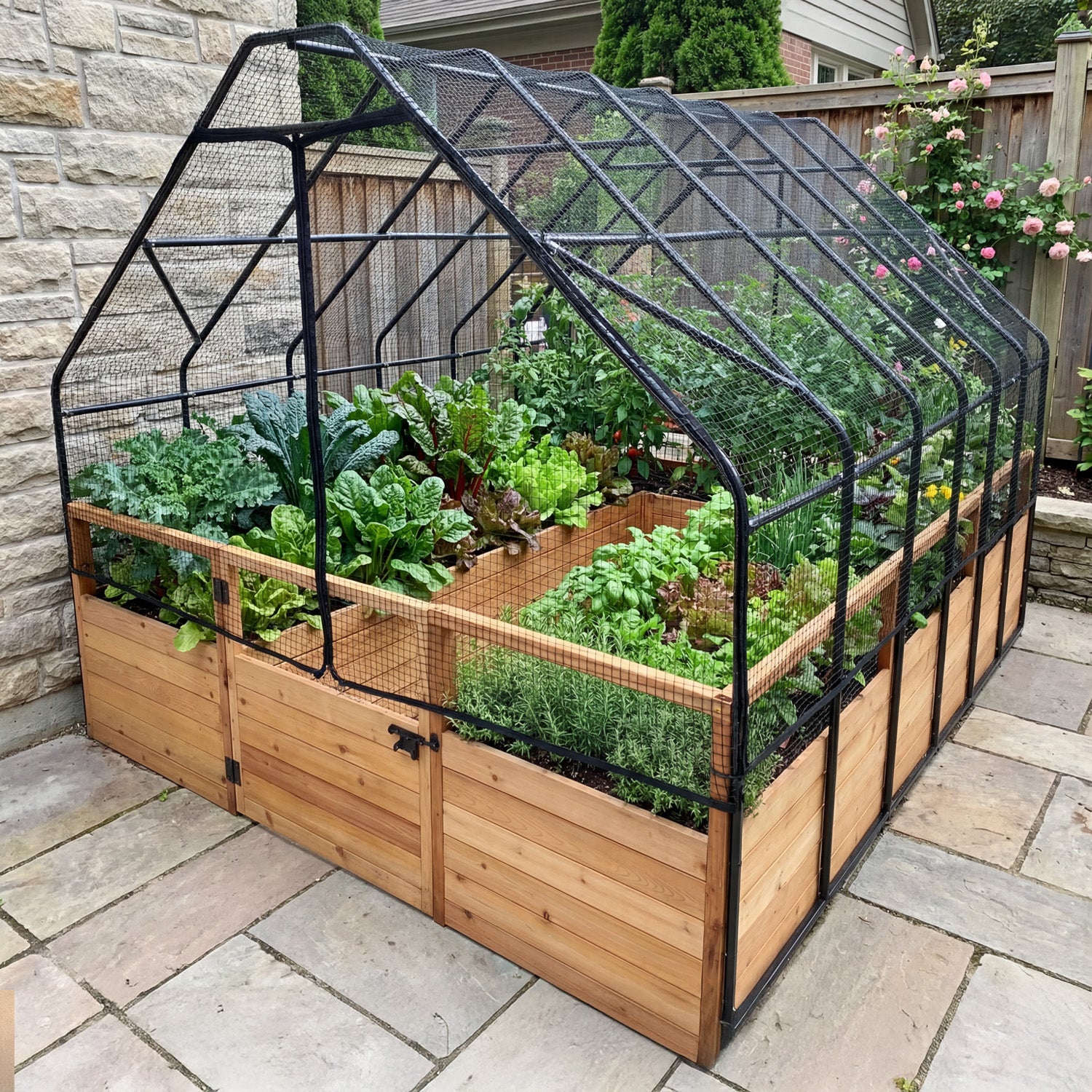 8'x8' raised cedar garden bed with bird netting kit, close-up view