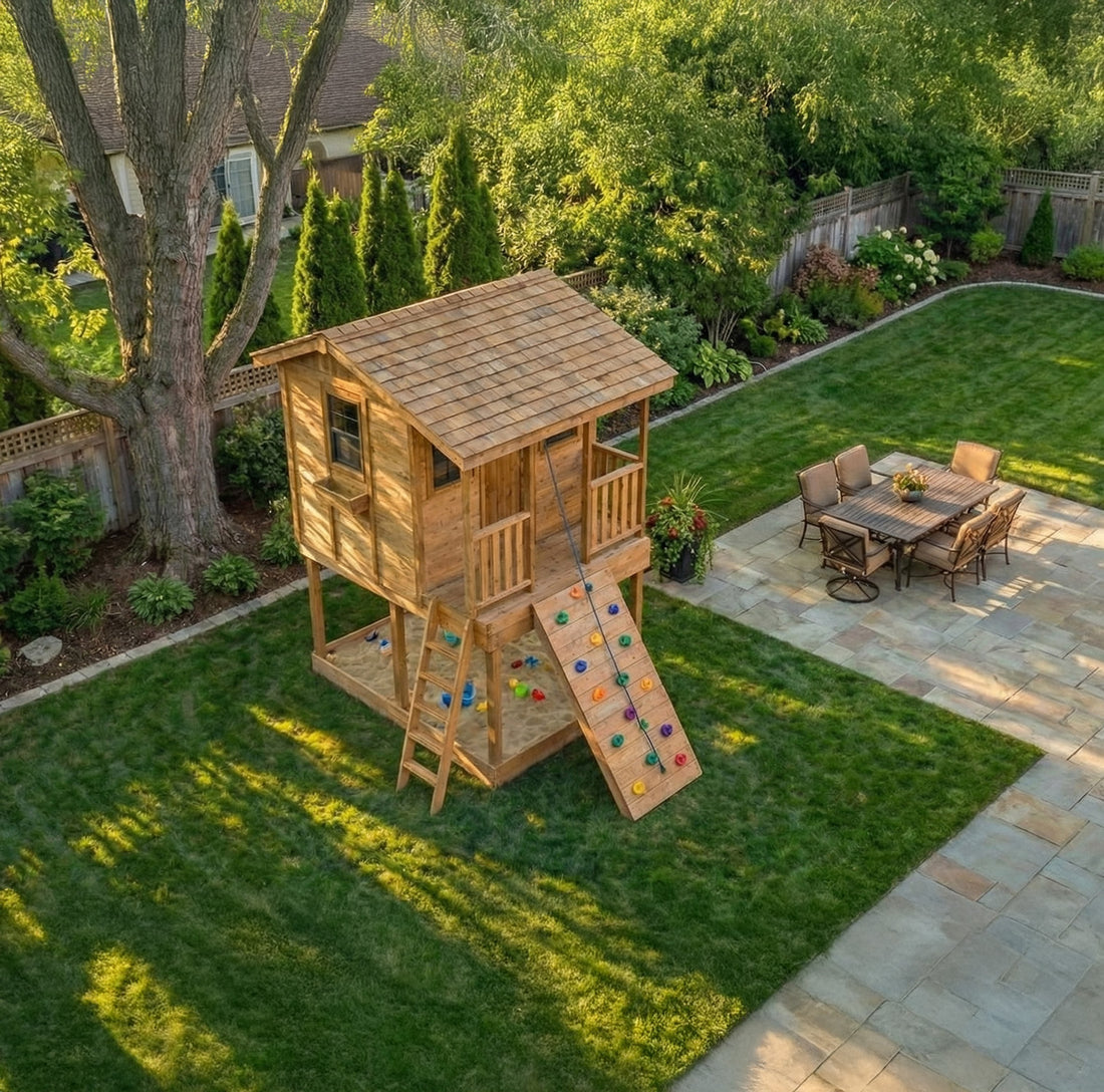 Cedar Cabin Playhouse - Elevated with integrated sandbox by OLT