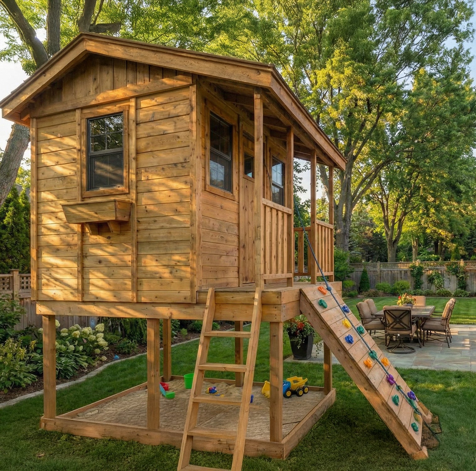 Cedar Cabin Playhouse - Elevated with integrated sandbox by OLT