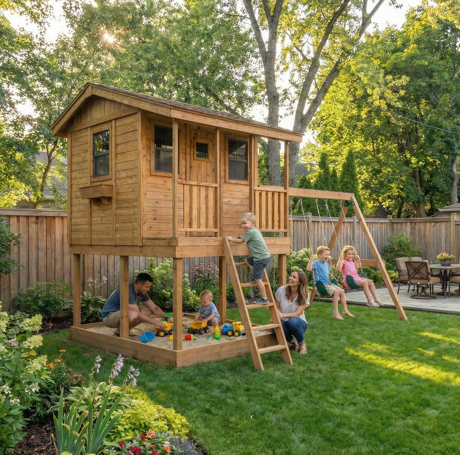 Cedar Cabin Playhouse - Elevated with integrated sandbox by OLT