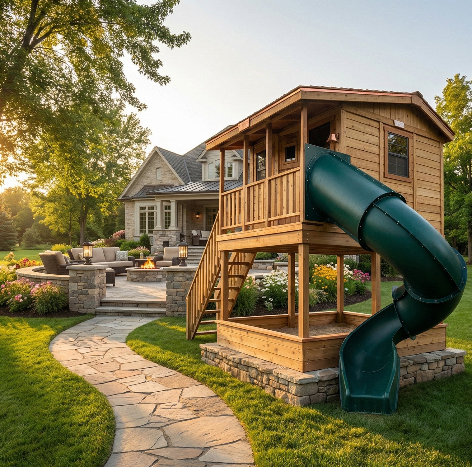 Cedar Cabin Playhouse - Elevated with integrated sandbox by OLT