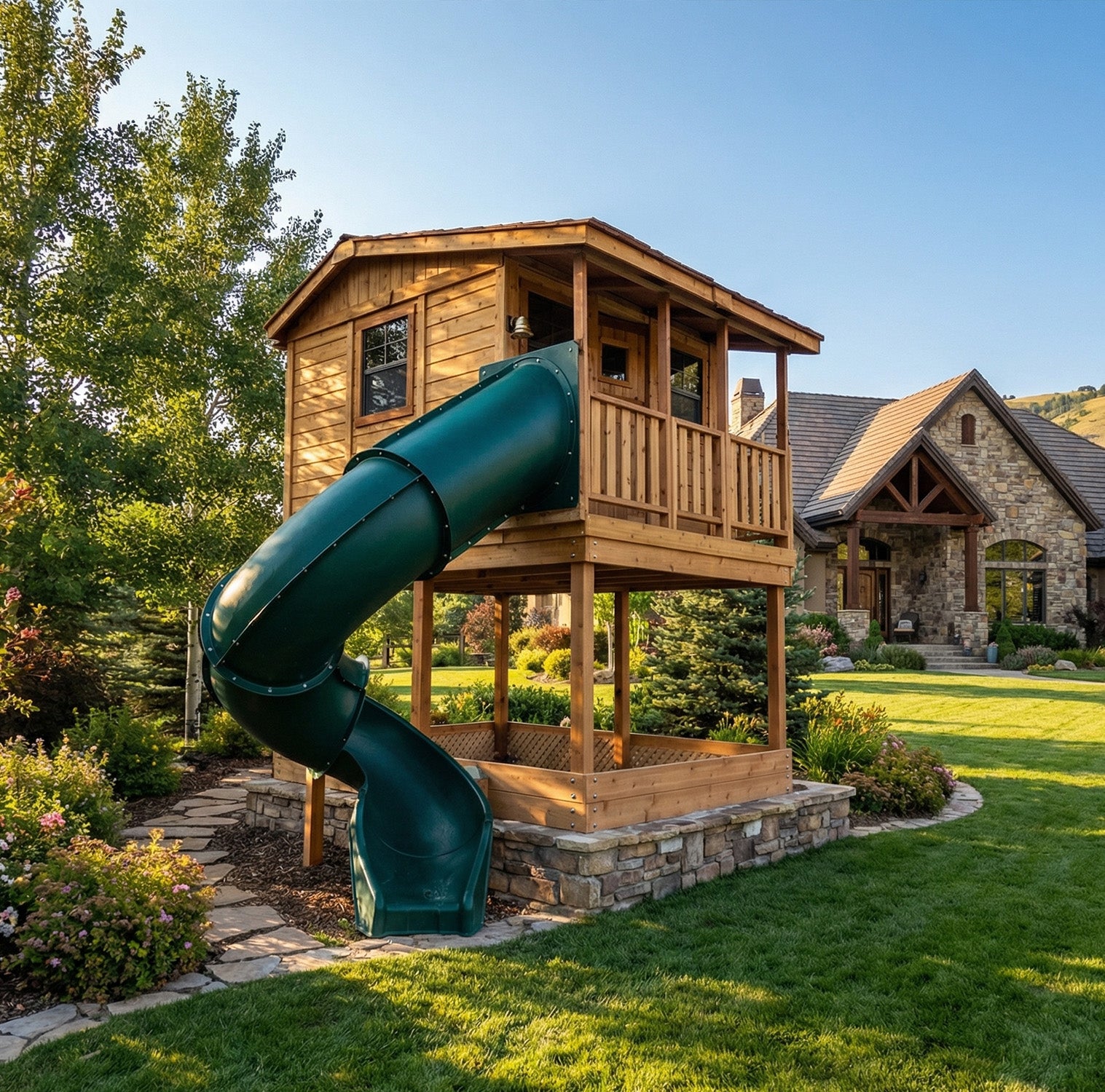 Cedar Cabin Playhouse - Elevated with integrated sandbox by OLT