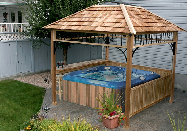 OLT Naramata Cedar Spa Shelter 9x9, interior view with hot tub