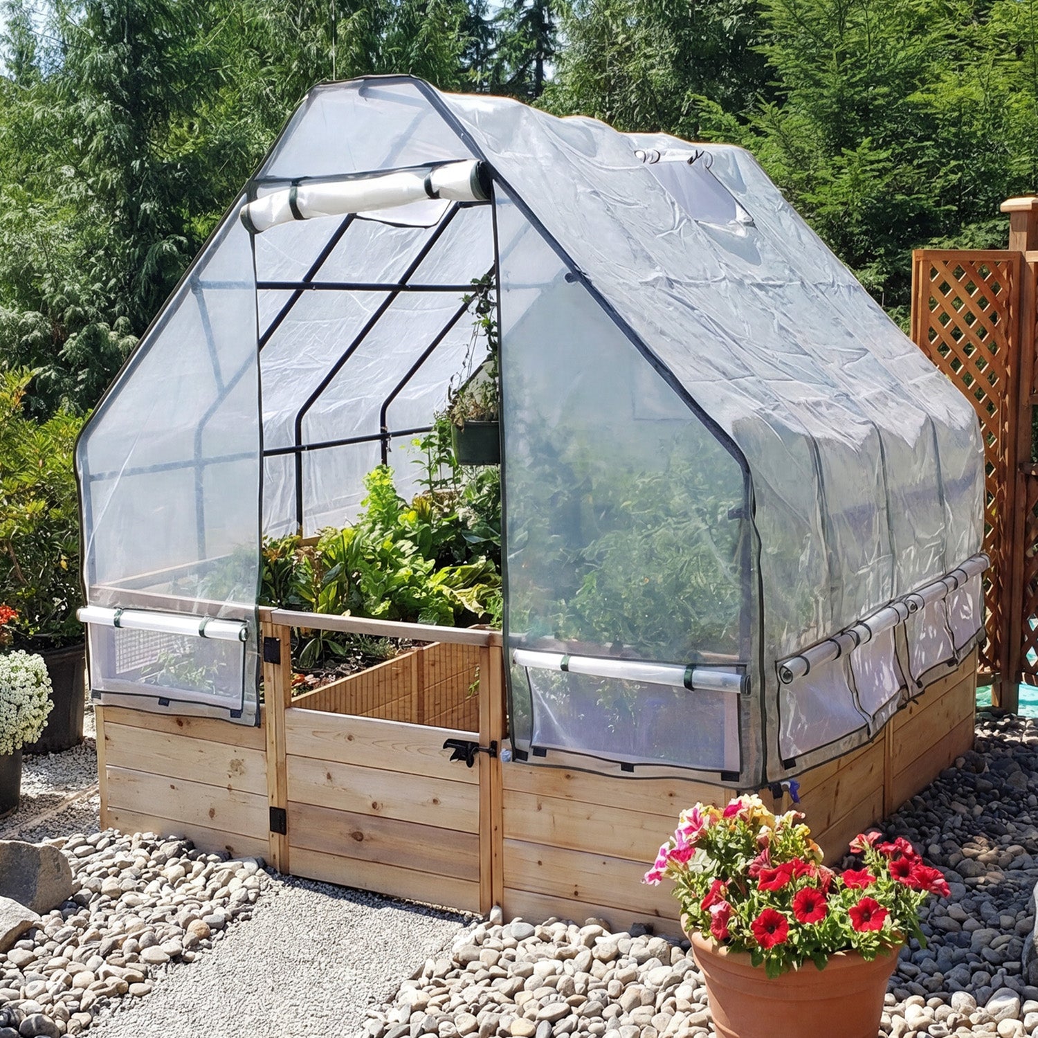 8'x8' raised cedar garden bed with greenhouse cover kit, exterior view