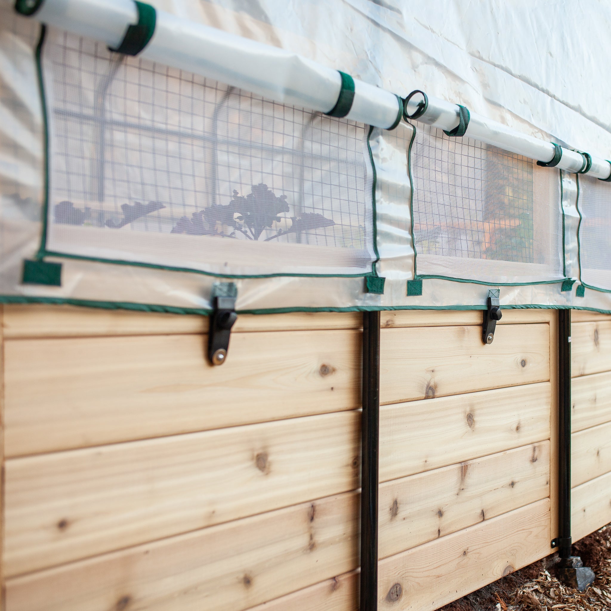 Raised cedar garden bed with greenhouse cover in a backyard garden setting