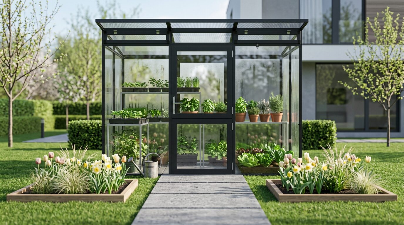 Linea modern glass greenhouse or garden room with poly roof