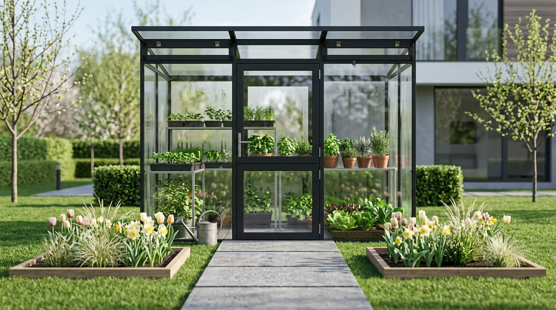 Linea modern glass greenhouse or garden room with poly roof