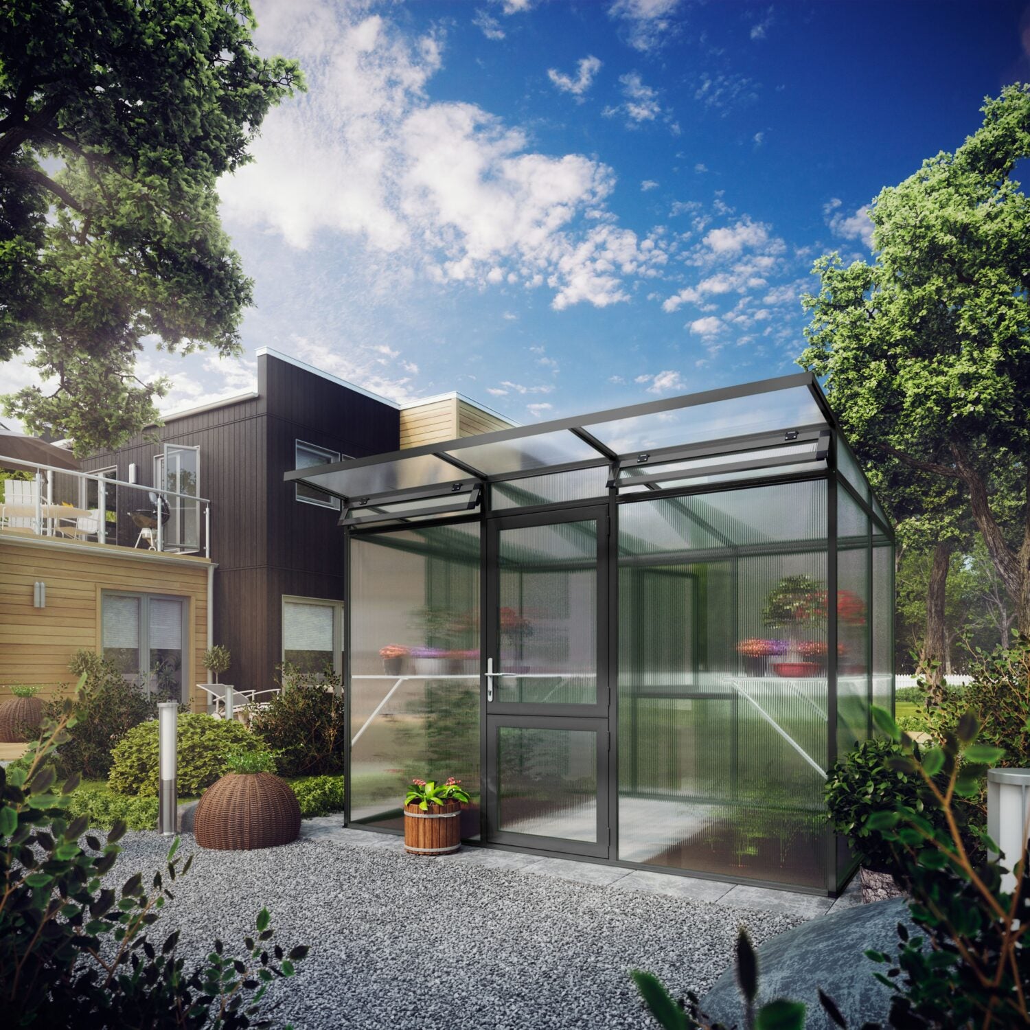 Linea 2 glass greenhouse with overhang in an urban upscale garden