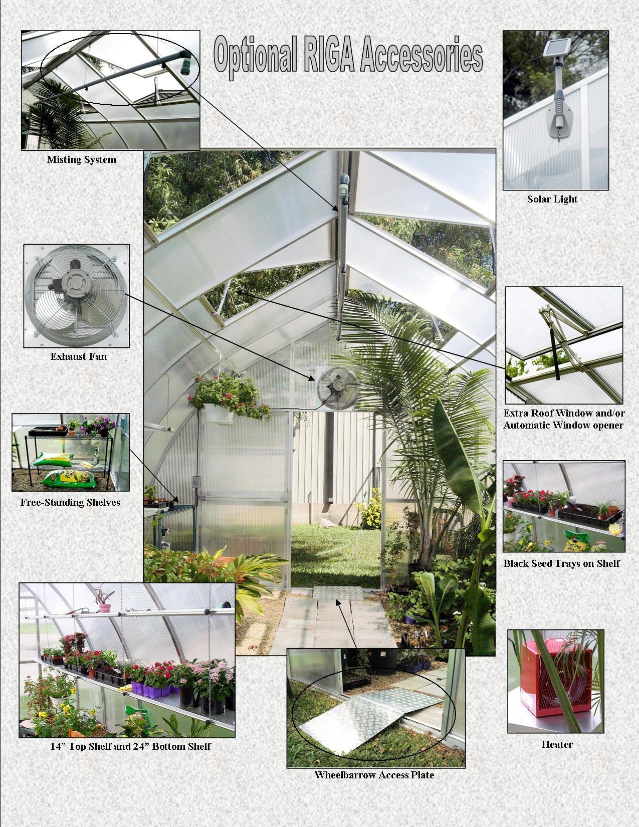 Riga XL greenhouse optional accessories, including base and shade kit
