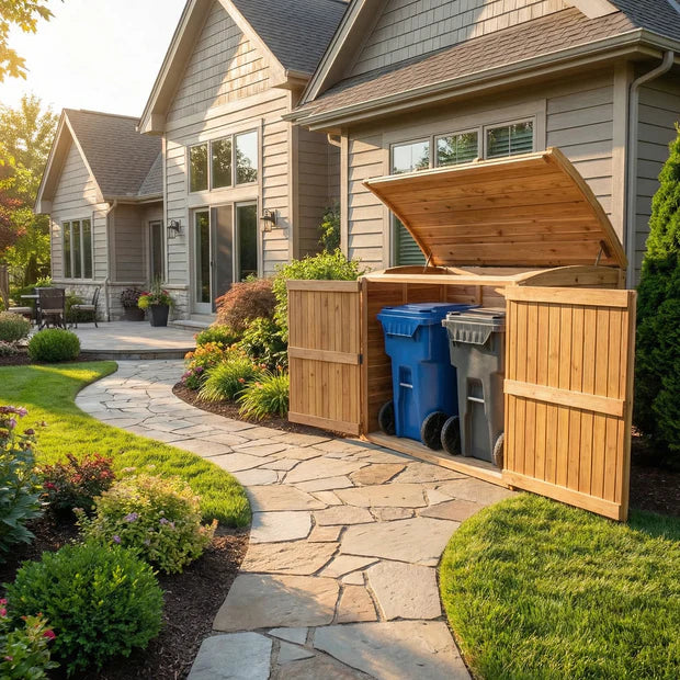 trash can cedar storage shed with   lift-up  roof 