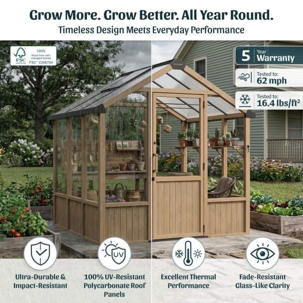 Natura cedar wood greenhouse lifestyle photo