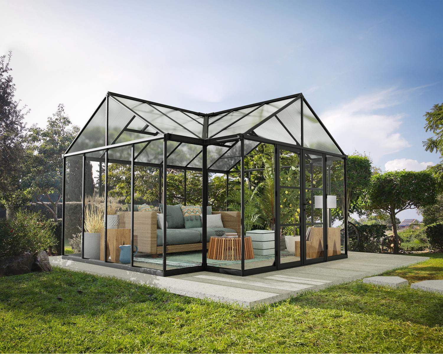 Triomphe Greenhouse exterior front/corner angle