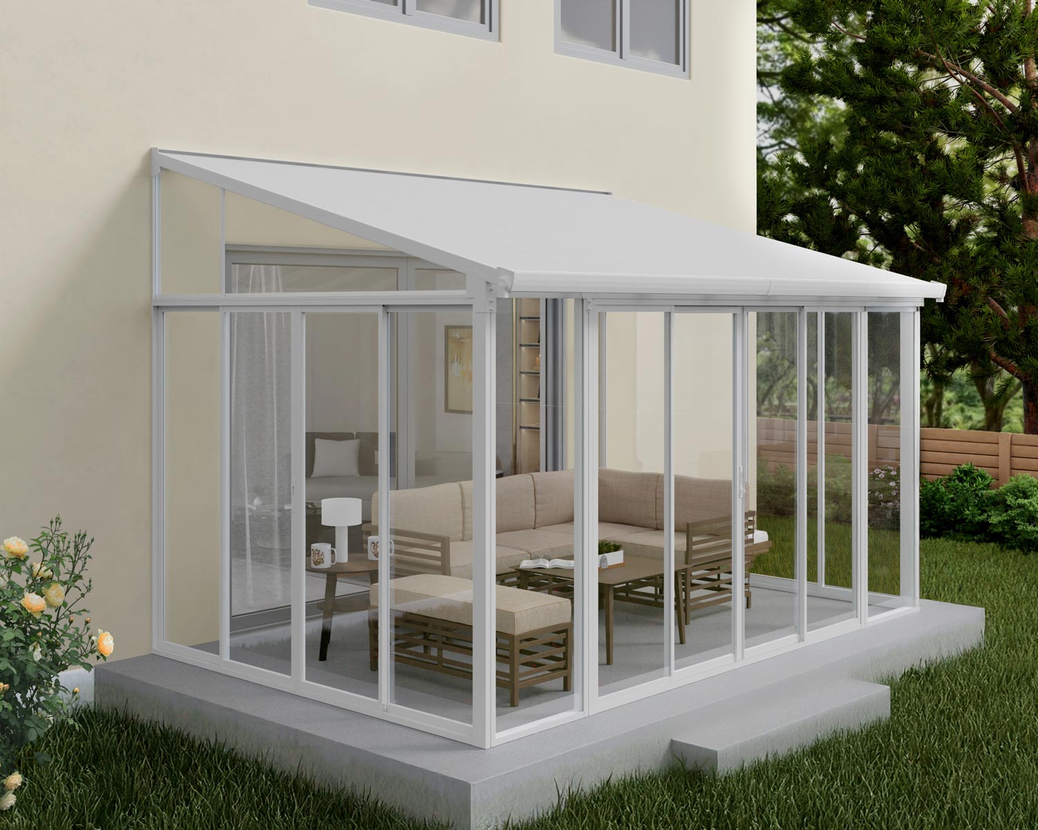 San Remo sunroom, all-white frame and roof panel exterior view