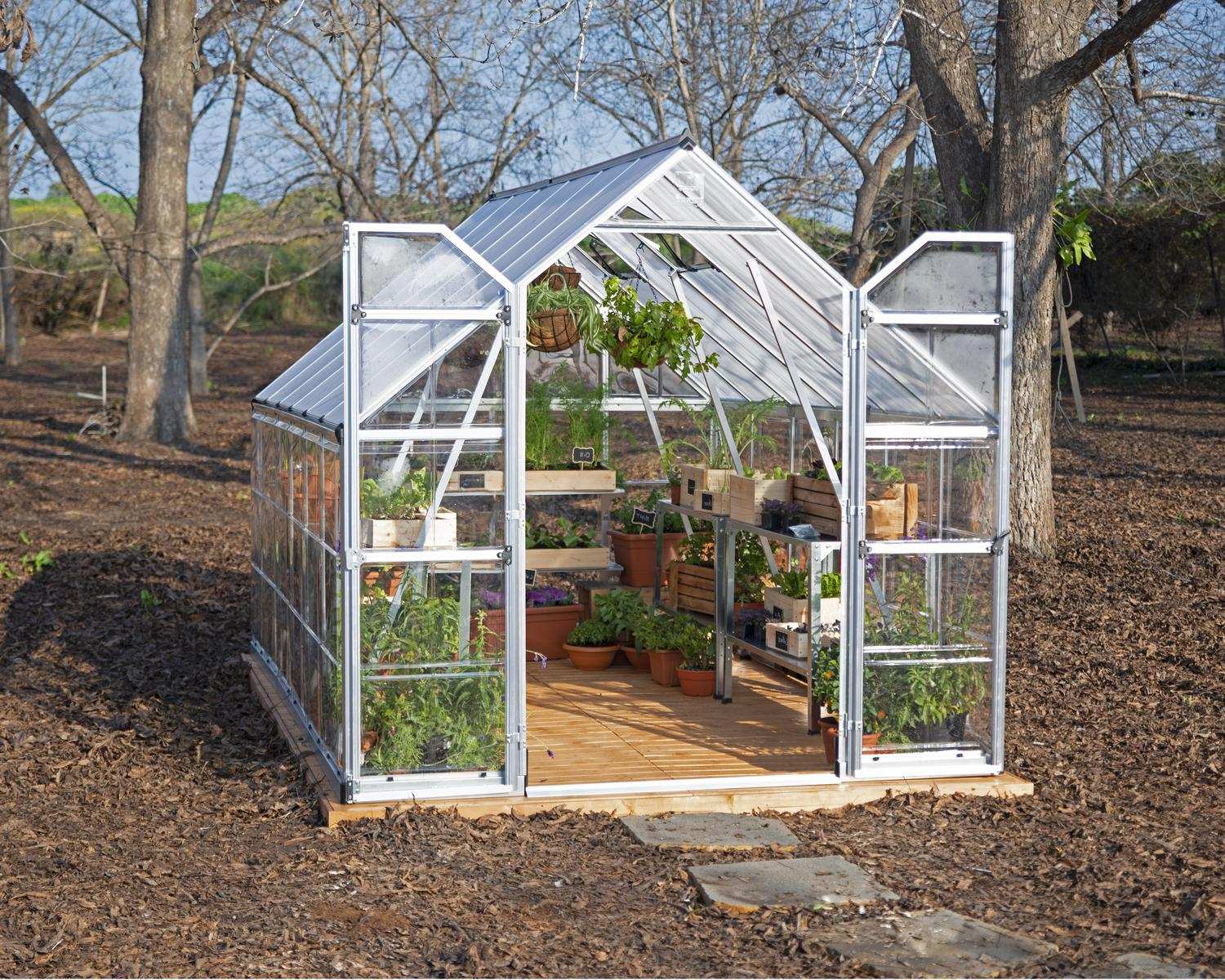 Balance greenhouse, silver frame, surrounded by plants