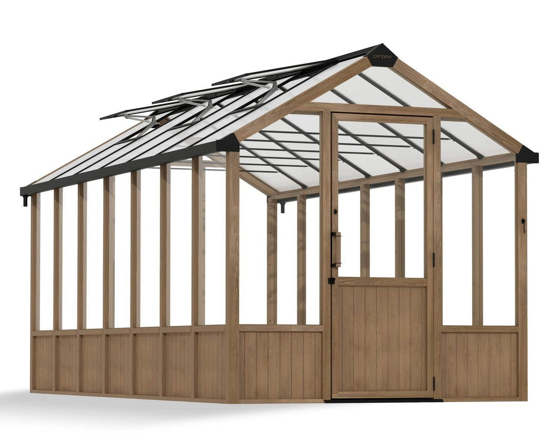 Natura cedar wood-frame greenhouse, studio cutout exterior view