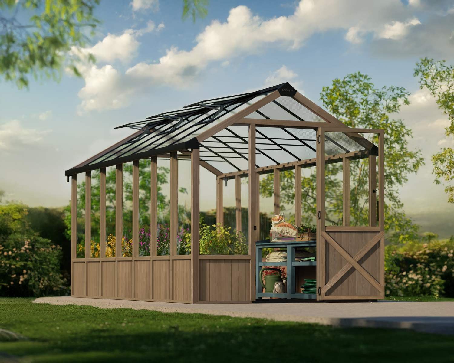 Natura cedar wood greenhouse, alternate angle showing door and wood framing detail