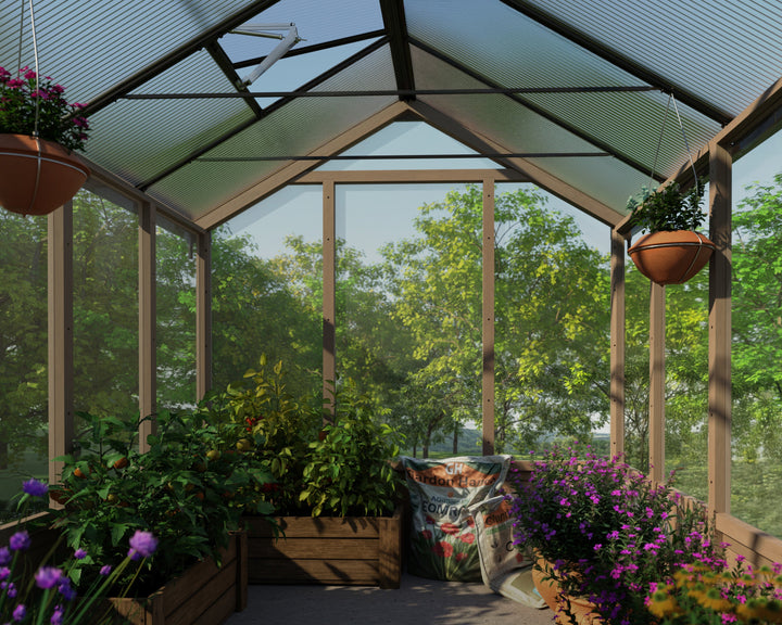 Natura cedar wood greenhouse interior view
