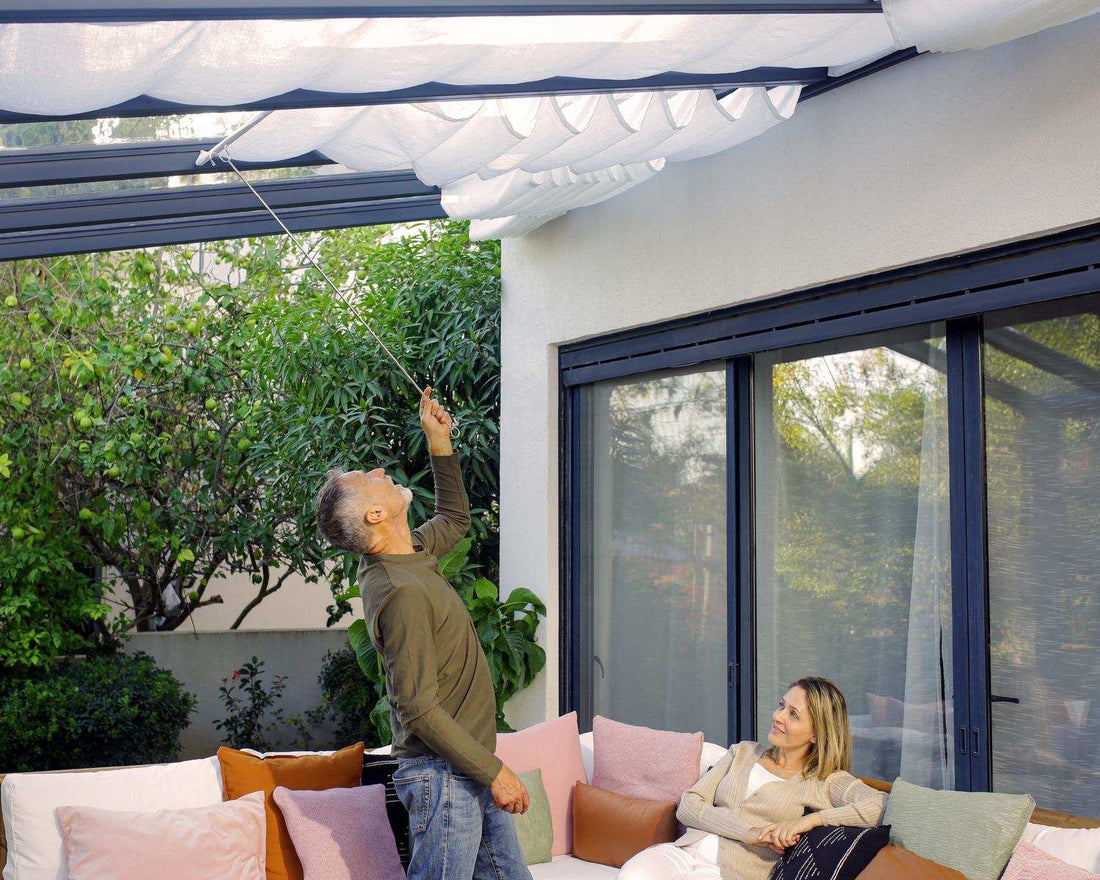 Stockholm Patio Cover with Shades installed angle 1