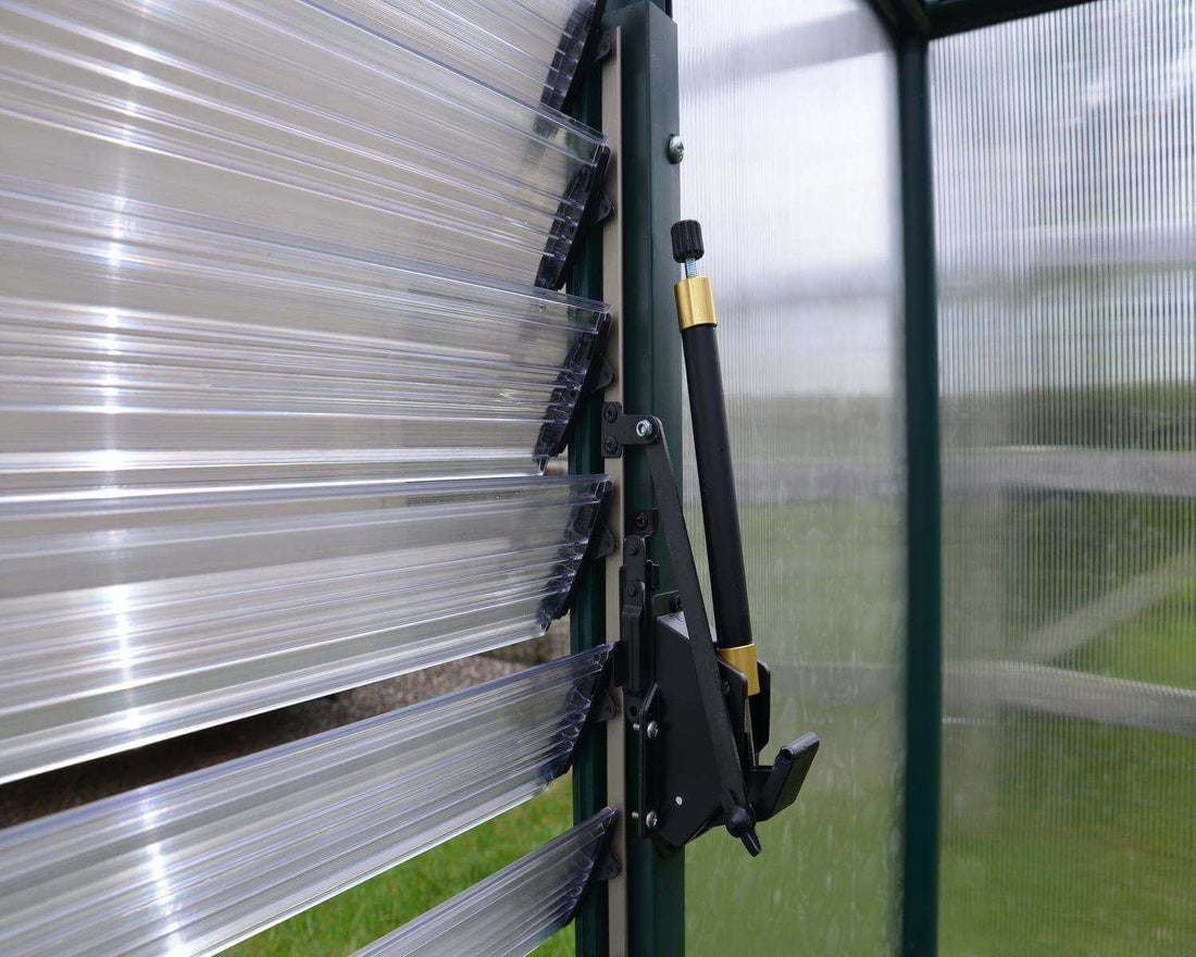 Palram Automatic Louver Window Opener installed on greenhouse
