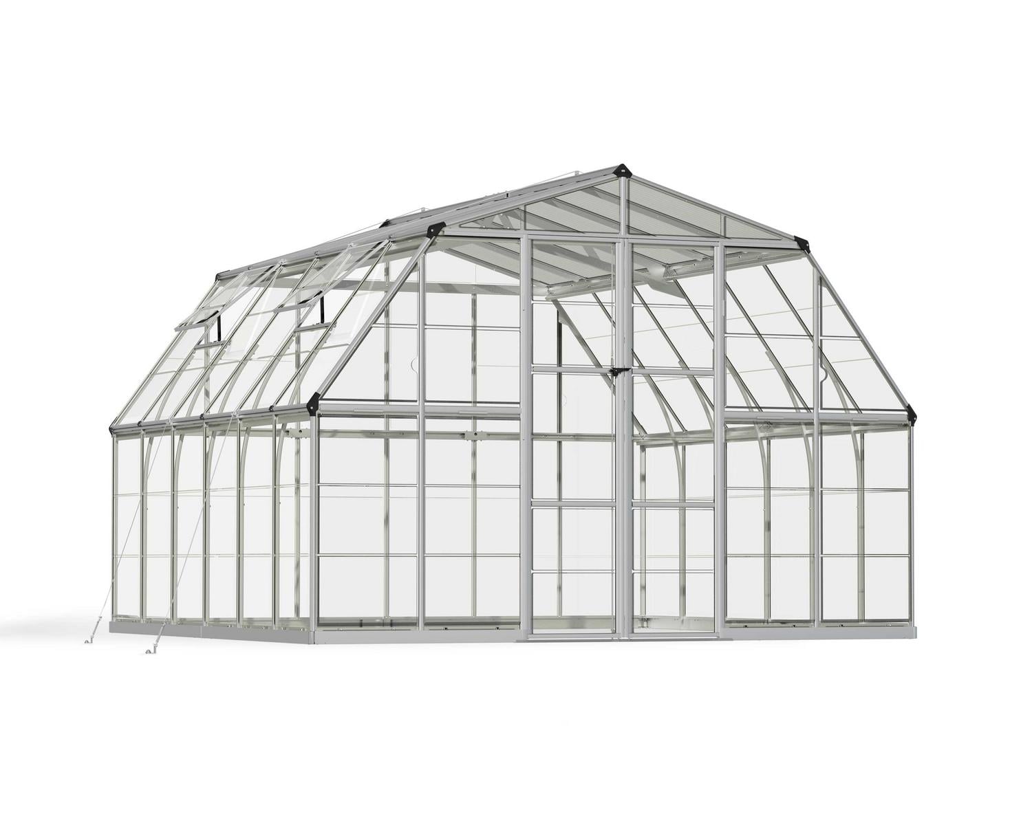Americana 12x12 greenhouse, silver frame with clear polycarbonate panels, studio cutout