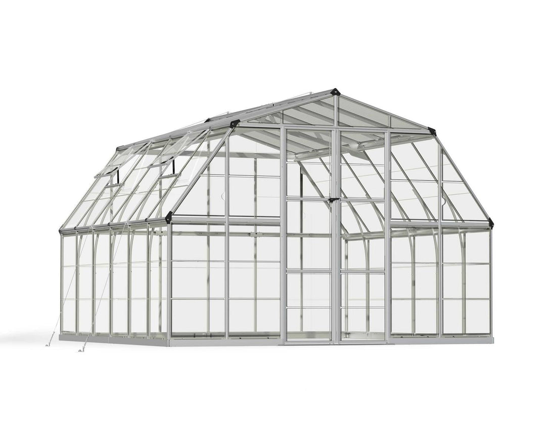 Americana 12x12 greenhouse, silver frame with clear polycarbonate panels, studio cutout