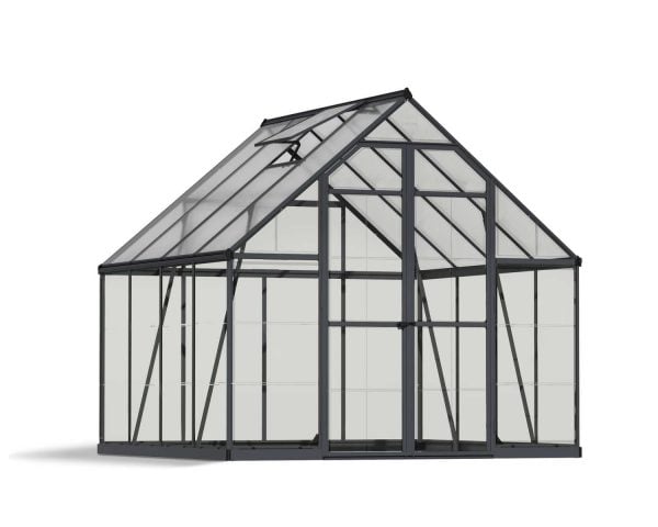 Balance greenhouse, grey frame with clear polycarbonate panels, studio cutout