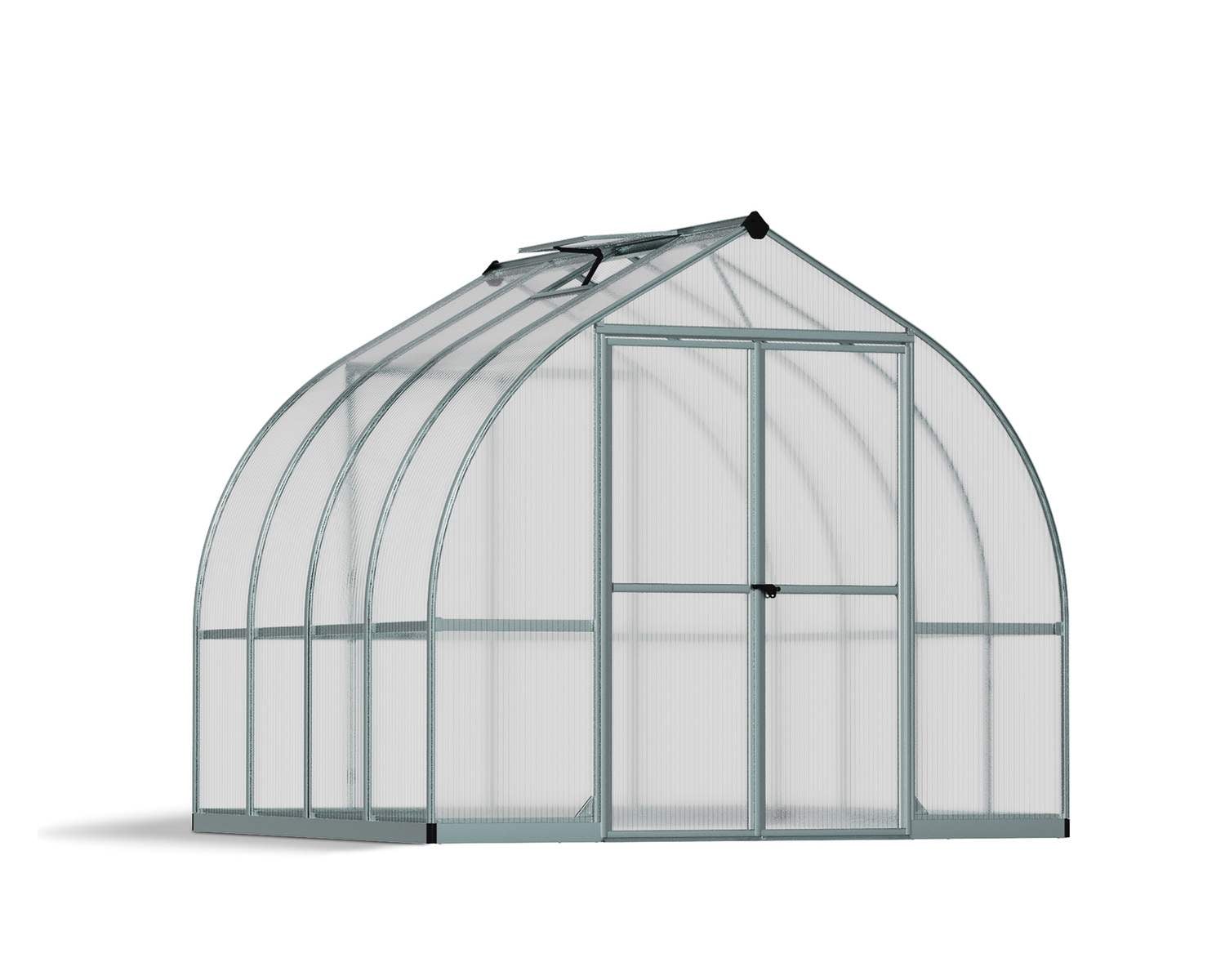 Bella 8x8 greenhouse featuring multiwall panels, double doors, and sloped roof, studio cutout