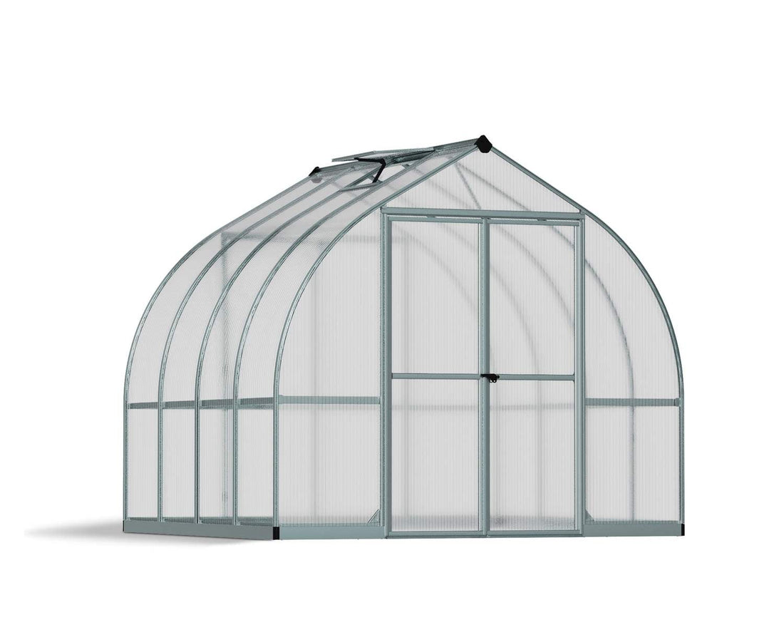 Bella 8x8 greenhouse featuring multiwall panels, double doors, and sloped roof, studio cutout