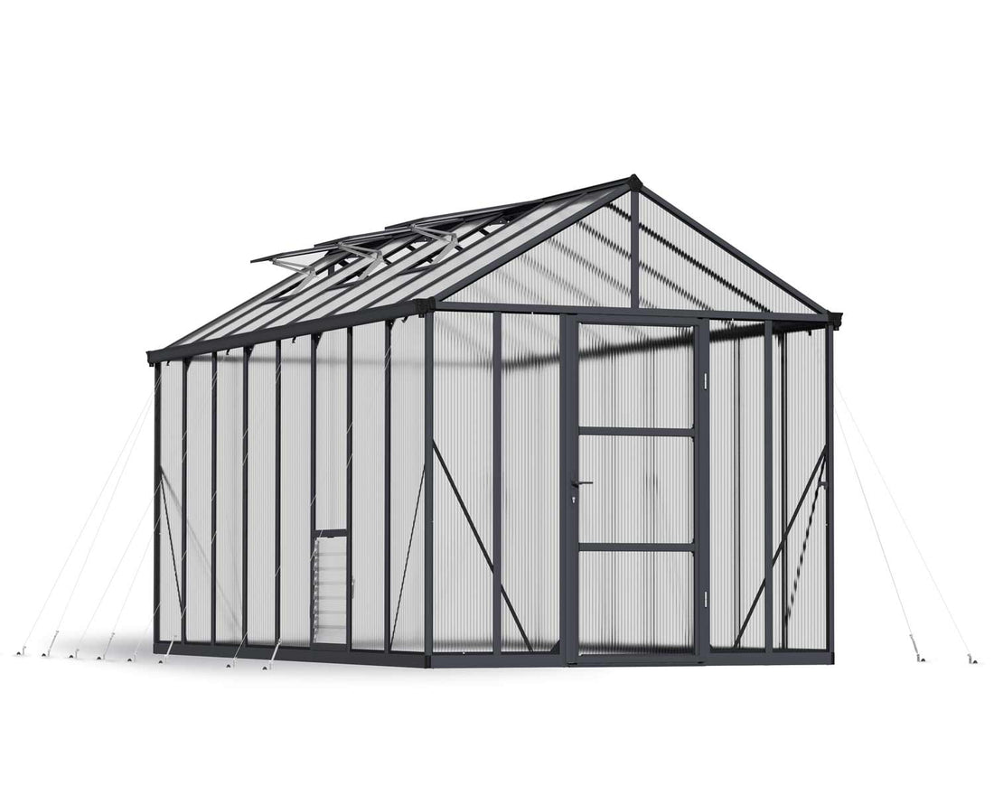 Glory hobby greenhouse, grey frame with multiwall polycarbonate panels, studio cutout