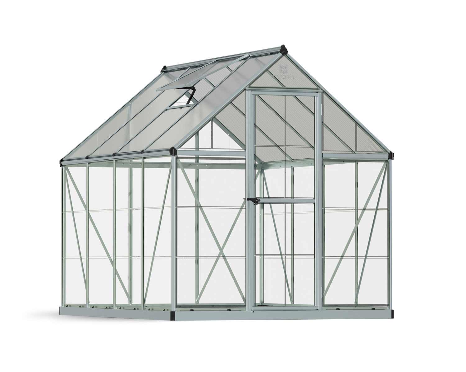 Hybrid greenhouse, silver frame with clear polycarbonate panels, studio cutout