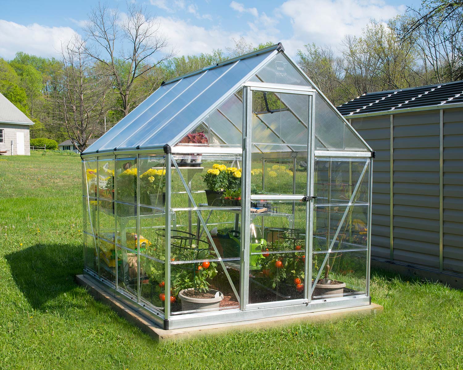 Hybrid greenhouse, silver colorway, angled exterior view